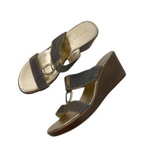Pesaro Women Gold Wedge Sandals Double Sparkly Strap Design Ring Accent Size 11